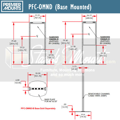 Premier Mounts Samsung OMN-D Dual-Sided Display Mount, PFC-OMND, base-mounted digital signage technical dimensions