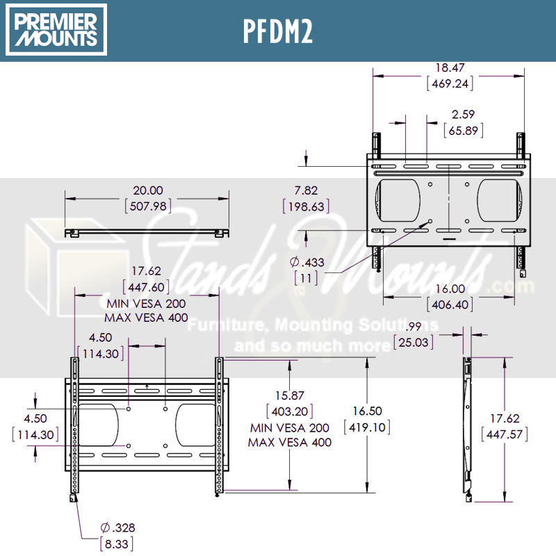 Premier Mounts Versatile Series Large Flat TV Mount PFDM2, pole-mounted display bracket dimensions diagram