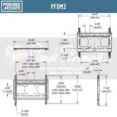 Premier Mounts Versatile Series Large Flat TV Mount PFDM2, pole-mounted display bracket dimensions diagram