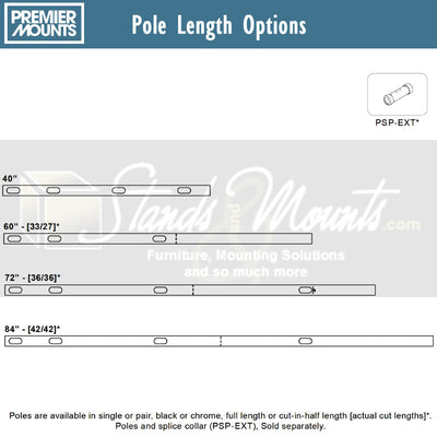 Premier Mounts Floor Stand Pole P60, P72, P84, extension pole length options diagram