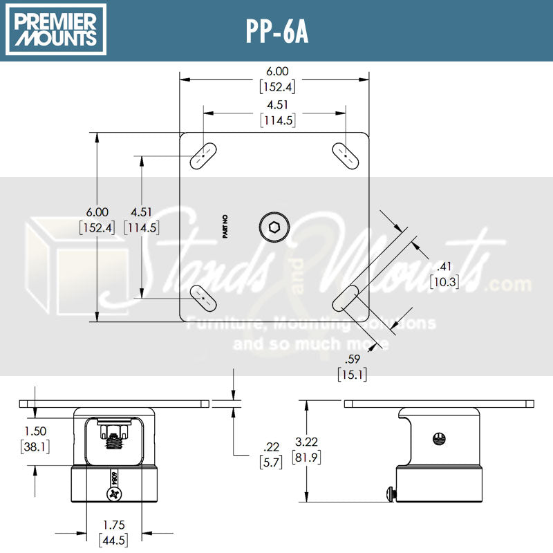Premier Mounts Ceiling Adapter PP-6A, projector mount plate dimensions diagram