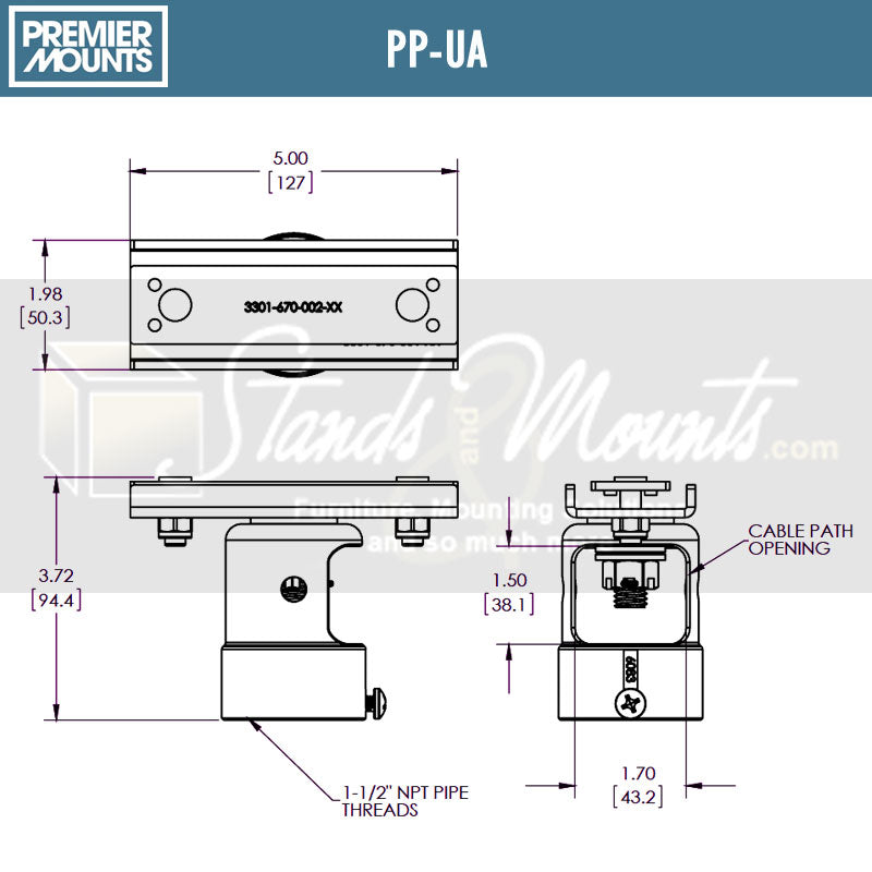 Premier Mounts Ceiling Adapter PP-UA, ceiling pipe adapter dimensions diagram