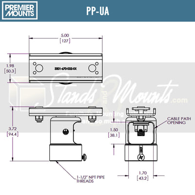 Premier Mounts Ceiling Adapter PP-UA, ceiling pipe adapter dimensions diagram