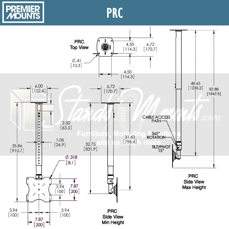 Premier Mounts Medium Adjustable Height TV Ceiling Mount PRC, floor-to-ceiling flat-panel mount dimensions diagram