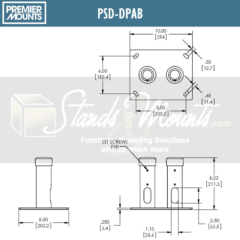 Premier Mounts Dual Pole Anchor Base PSD-DPAB, dual-pole stand base technical dimensions