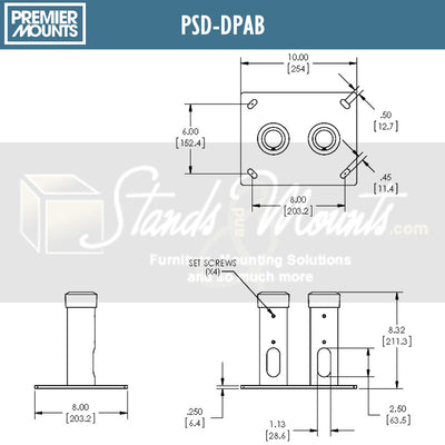 Premier Mounts Dual Pole Anchor Base PSD-DPAB, dual-pole stand base technical dimensions