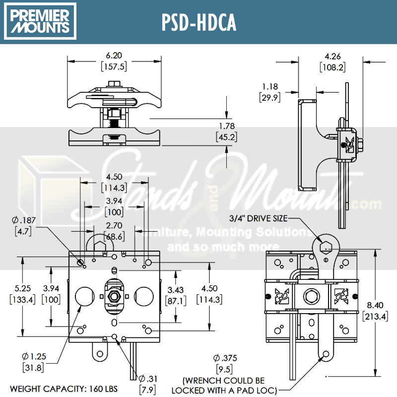 Premier Mounts Dual Pole Heavy Duty Mount Adapter PSD-HDCA, pole display mount adjustment clamp dimensions diagram