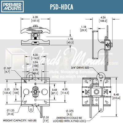 Premier Mounts Dual Pole Heavy Duty Mount Adapter PSD-HDCA, pole display mount adjustment clamp dimensions diagram