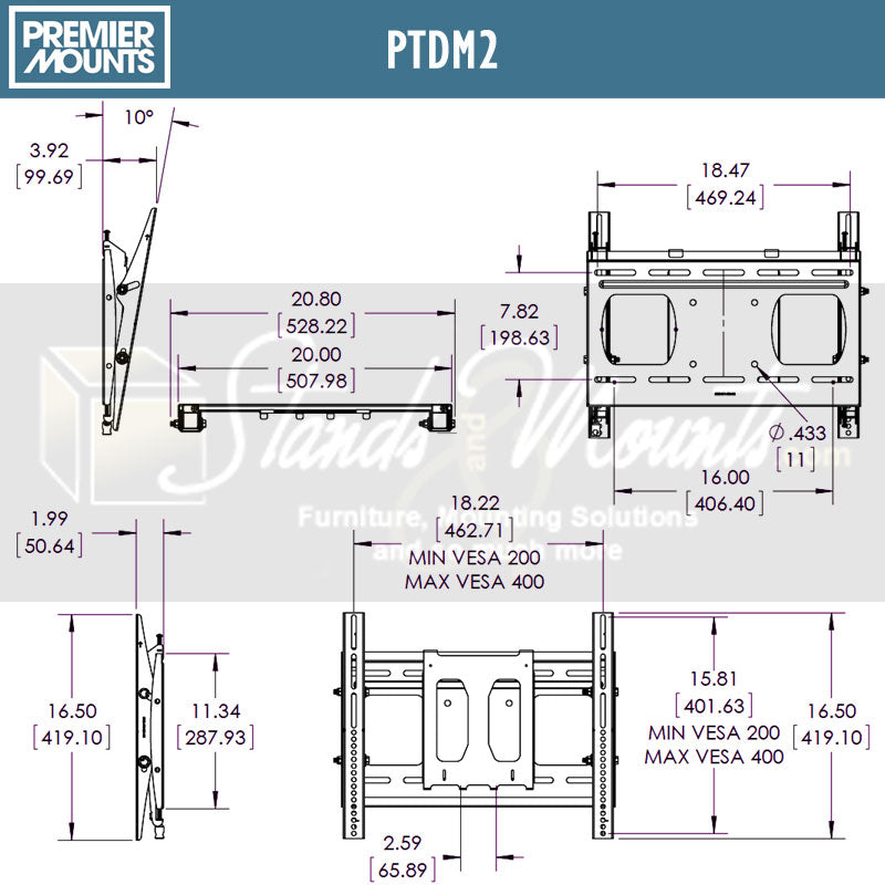 Premier Mounts Versatile Series Large Tilt TV Mount PTDM2, tilting wall mount dimensions diagram