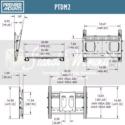 Premier Mounts Versatile Series Large Tilt TV Mount PTDM2, tilting wall mount dimensions diagram