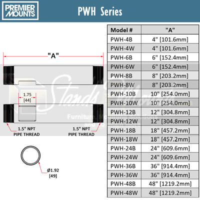 Premier Mounts Extension Column PWH-4 to PWH-48, adjustable support pole dimensions chart