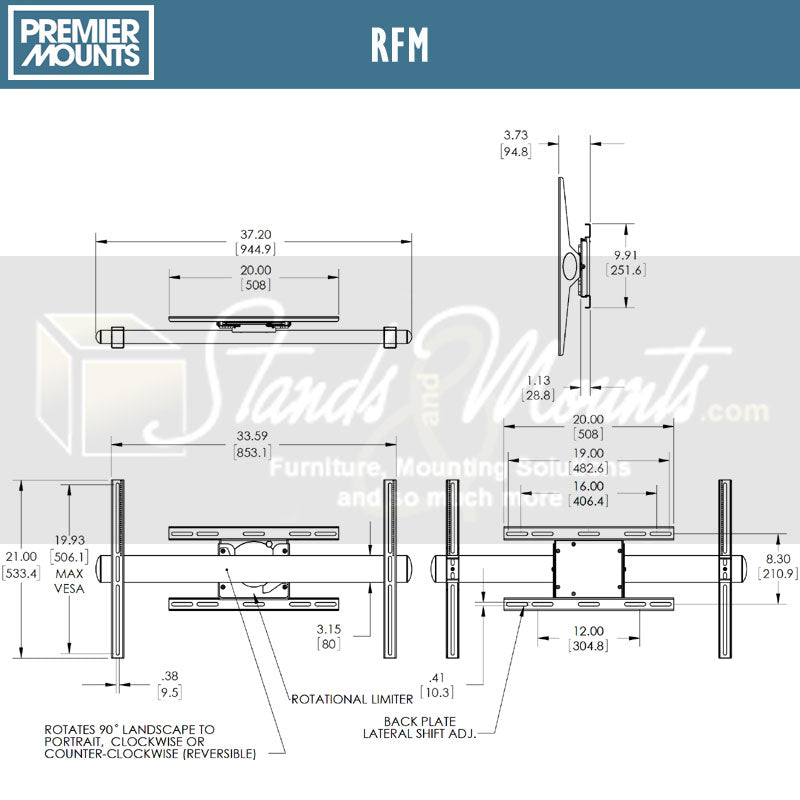 Premier Mounts 360 Degree Rotating TV Mount RFM, projector mount dimensions diagram