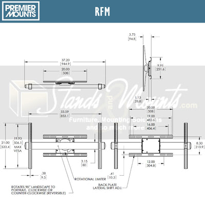 Premier Mounts 360 Degree Rotating TV Mount RFM, projector mount dimensions diagram