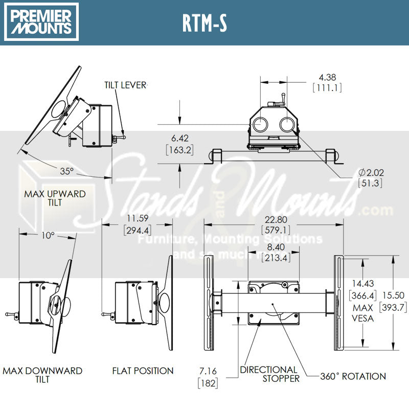 Premier Mounts 360 Degree Rotating TV Mount RTM-S, dual-pole tilting display mount dimensions diagram