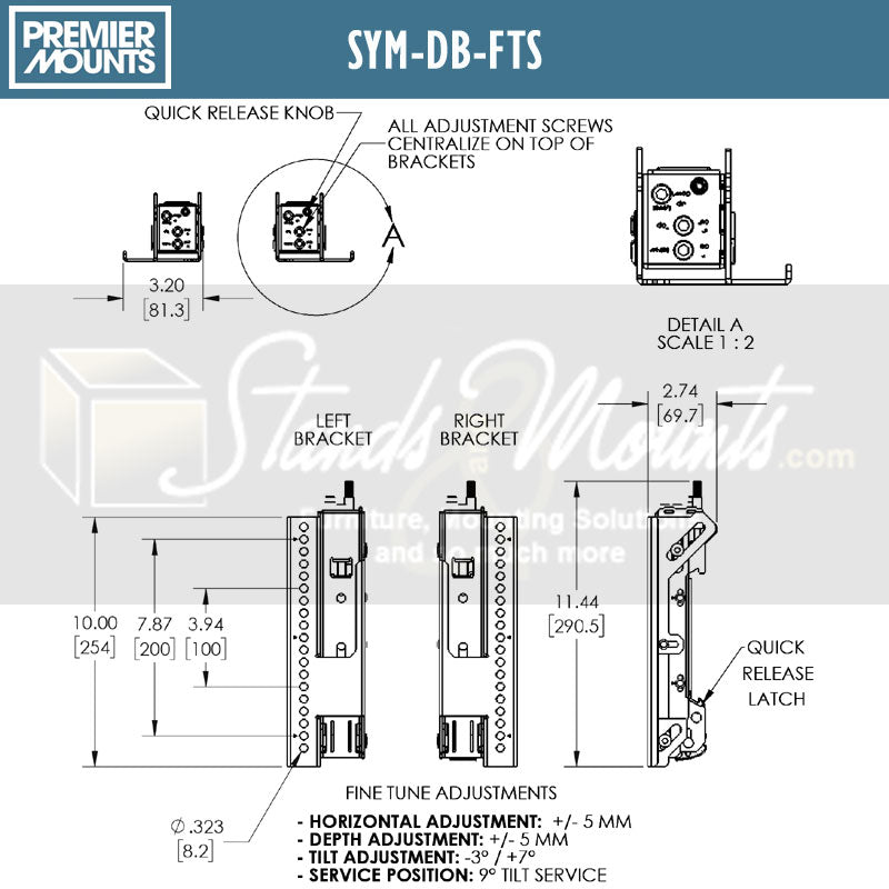 Premier Mounts Symmetry Fine Tune Display Brackets SYM-DB-FTS, adjustable display bracket technical dimensions