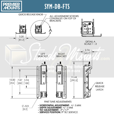 Premier Mounts Symmetry Fine Tune Display Brackets SYM-DB-FTS, adjustable display bracket technical dimensions