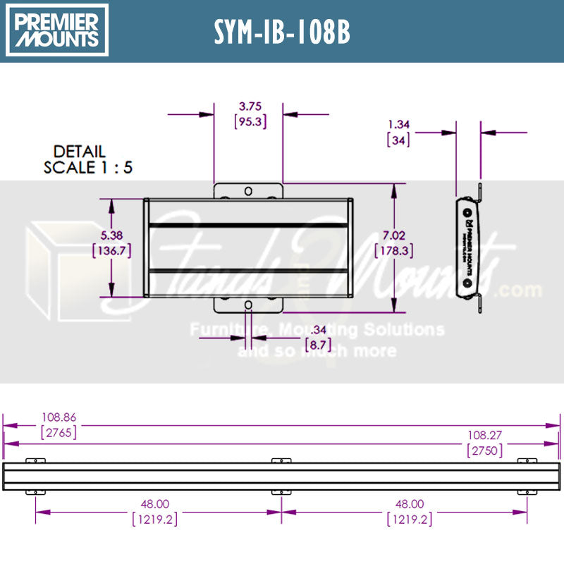 Premier Mounts Symmetry Interface Bar SYM-IB-108B, invisible speaker technical dimensions