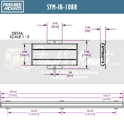Premier Mounts Symmetry Interface Bar SYM-IB-108B, invisible speaker technical dimensions