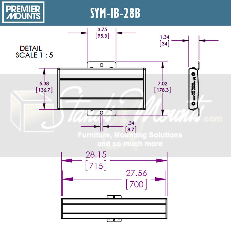 Premier Mounts Symmetry Interface Bar SYM-IB-28B, interface bracket dimensions diagram