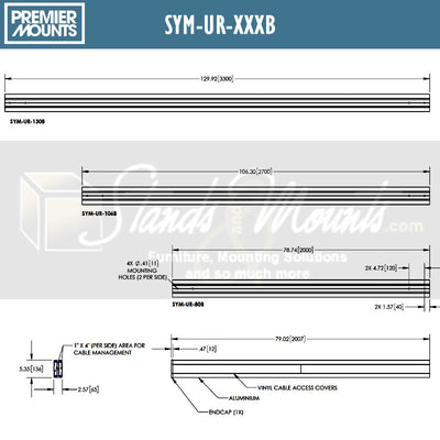 Premier Mounts Symmetry Upright Support Column SYM-UR-106B, cable raceway length and profile dimensions