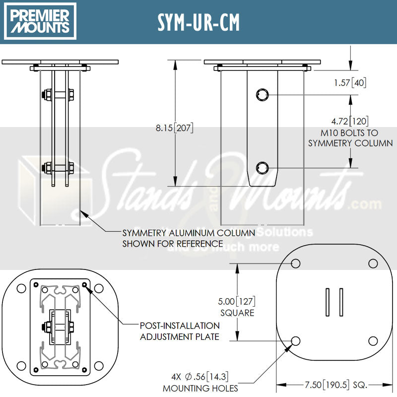 Premier Mounts Symmetry Ceiling Mount Assembly SYM-UR-CM, ceiling column adapter technical dimensions diagram