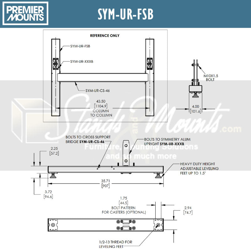 Premier Mounts Symmetry Free Standing Base SYM-UR-FSB, equipment rack support bar technical dimensions