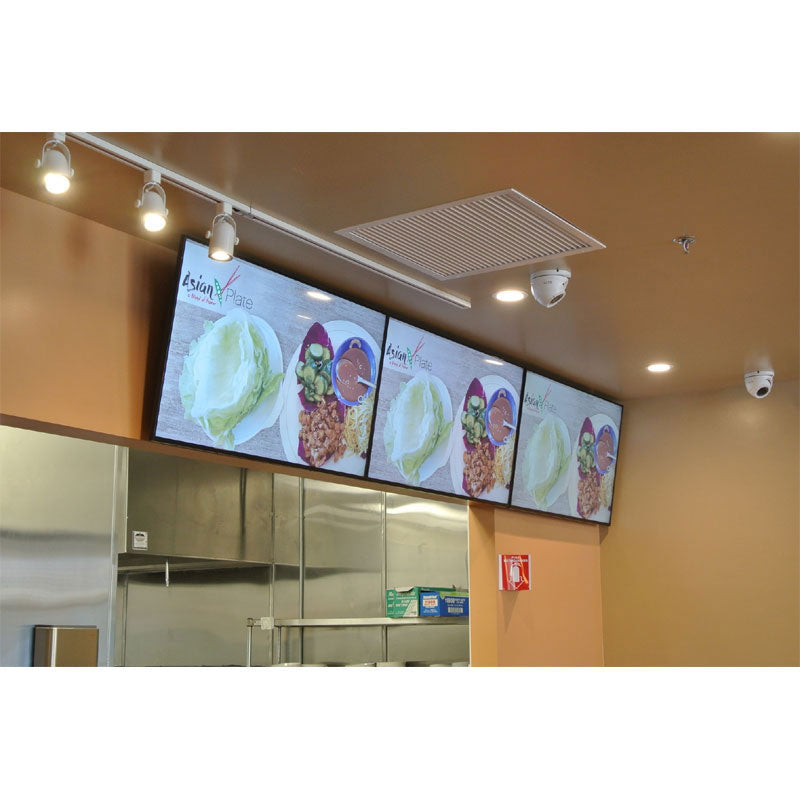 Premier Mounts Small Channel Strut Menu Board Mount UMB-DBTS, digital menu boards installed above counter