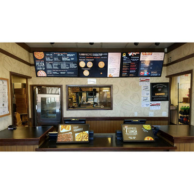Premier Mounts Small Channel Strut Menu Board Mount UMB-DBTS, digital menu boards installed in pizzeria