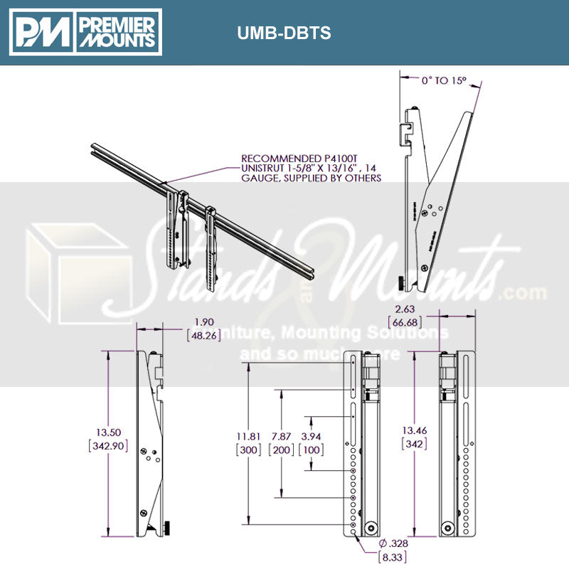 Premier Mounts Small Channel Strut Menu Board Mount UMB-DBTS, tilt wall mount technical dimensions diagram