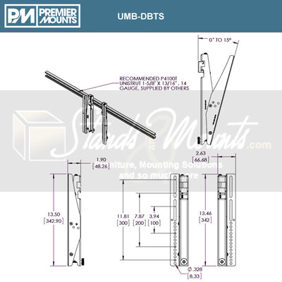 Premier Mounts Small Channel Strut Menu Board Mount UMB-DBTS, tilt wall mount technical dimensions diagram
