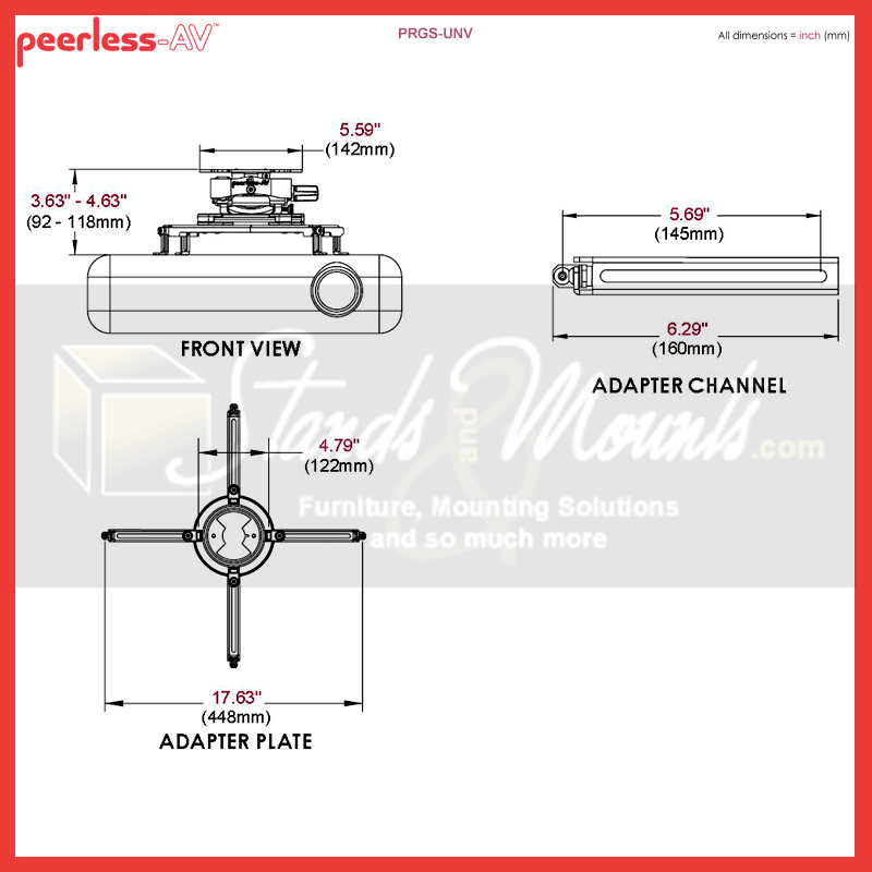 Peerless-AV PRGS Universal Projector Mount PRGS-UNV, projector mount dimensions diagram