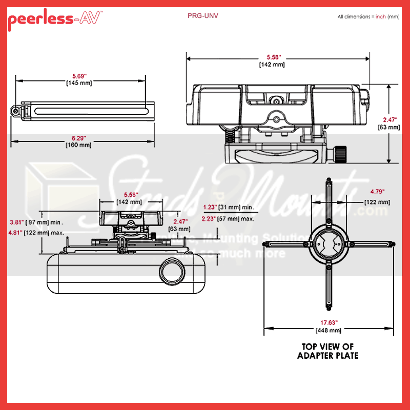 Peerless-AV Precision Gear Universal Projector Mount PRG-UNV, projector mount technical dimensions