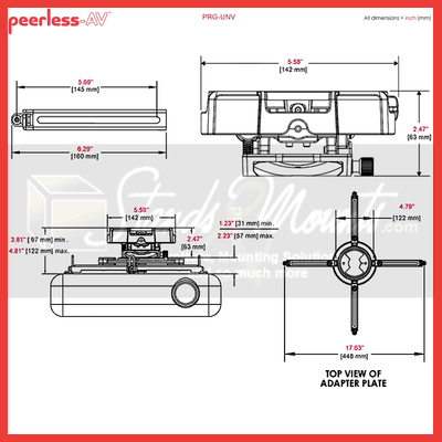 Peerless-AV Precision Gear Universal Projector Mount PRG-UNV, projector mount technical dimensions