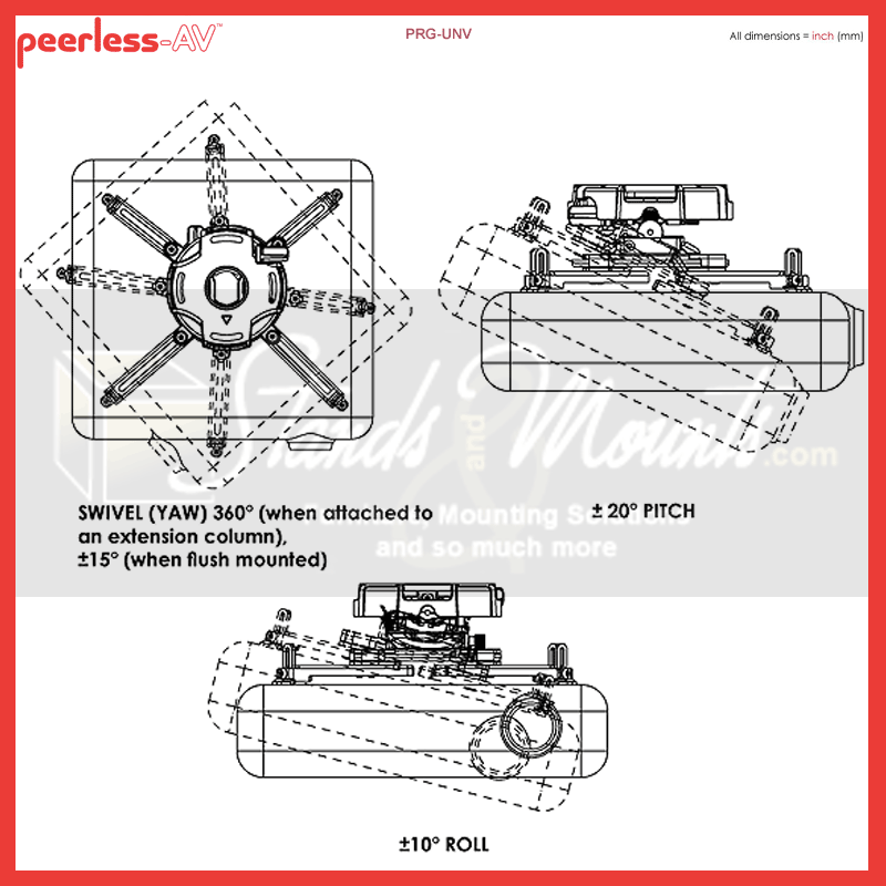 Peerless-AV Precision Gear Universal Projector Mount PRG-UNV, projector mount tilt swivel and roll range diagram