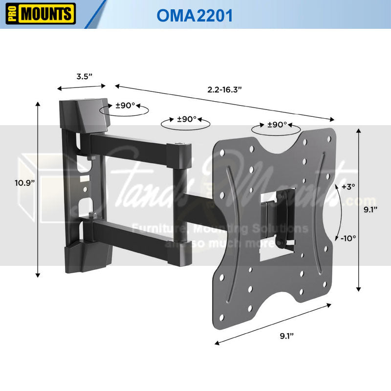 ProMounts Small Full Motion TV Wall Mount OMA2201, articulating TV wall mount dimensions diagram