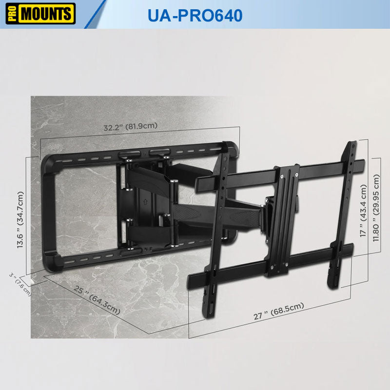 ProMounts Extra Large Full Motion TV Wall Mount UA-PRO640, dual-arm TV wall mount installed dimensions diagram