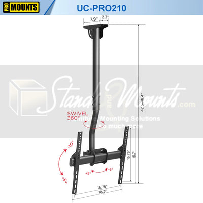 ProMounts Medium Swivel TV Ceiling Mount UC-PRO210, ceiling projector mount swivel and tilt dimensions diagram