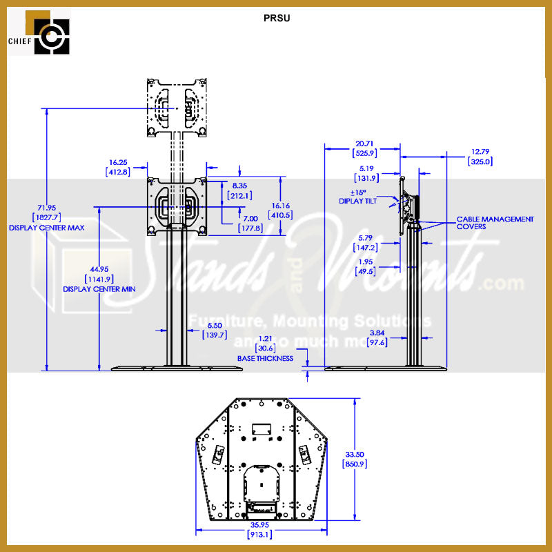 Chief Large Portable Flat Panel Stand, PRSU, upright portable display stand dimensions diagram