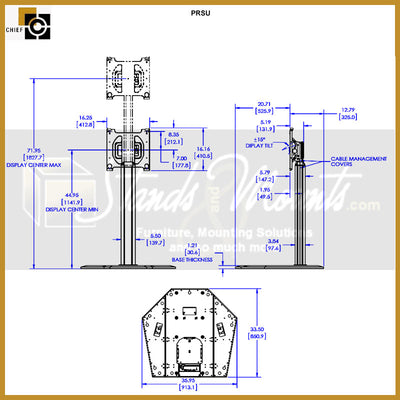 Chief Large Portable Flat Panel Stand, PRSU, upright portable display stand dimensions diagram