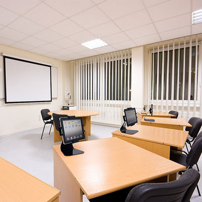Peerless-AV Theft Resistant Universal Tablet Desktop Mount PTM400S, tablet desktop stands installed in classroom