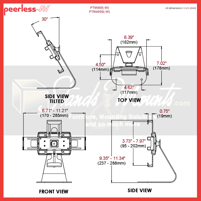 Peerless-AV Theft Resistant Universal Tablet Desktop Mount PTM400S, tablet desktop stand dimensions diagram