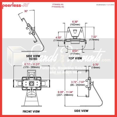Peerless-AV Theft Resistant Universal Tablet Desktop Mount PTM400S, tablet desktop stand dimensions diagram