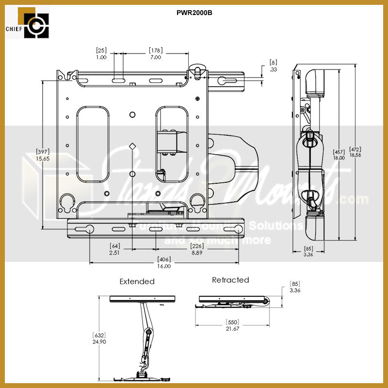 Chief Large Swing Arm TV Mount PWRUB, articulating wall mount extension dimensions