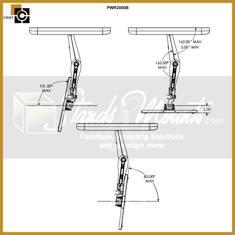 Chief Large Swing Arm TV Mount PWRUB, articulating wall mount tilt and swivel dimensions