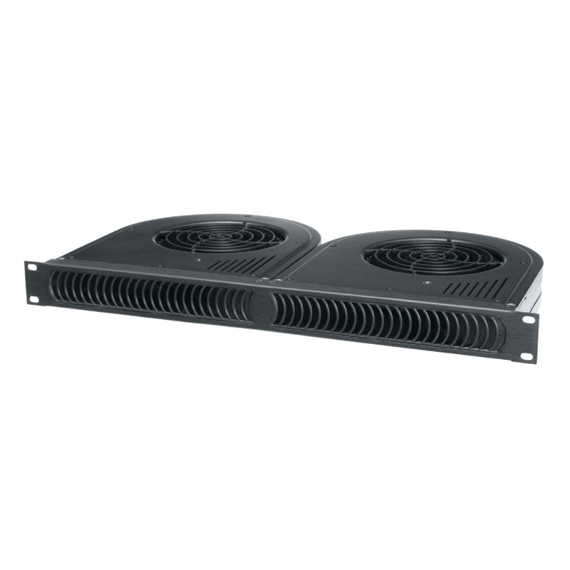 Middle Atlantic Blower Panel QBP-2A, dual-fan rack shelf in a front three-quarter view