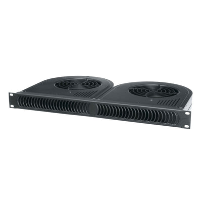 Middle Atlantic Blower Panel QBP-2A, dual-fan rack shelf in a front three-quarter view