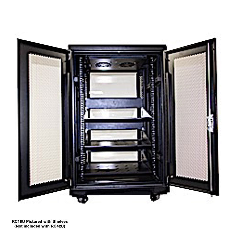 Crimson RC42U Floor Standing 42U Rack Enclosure, rack cabinet with doors open and equipment installed