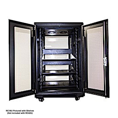 Crimson RC42U Floor Standing 42U Rack Enclosure, rack cabinet with doors open and equipment installed