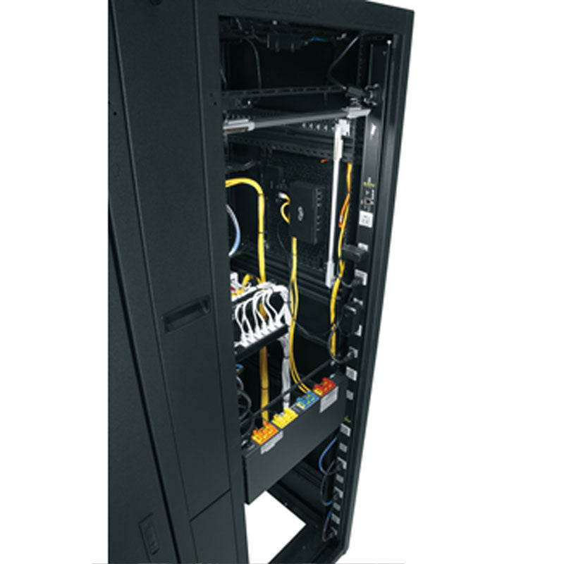 Middle Atlantic Vertical PDU with RackLink RLNK-1015V, network rack cabinet with power and data cables in a front three-quarter view
