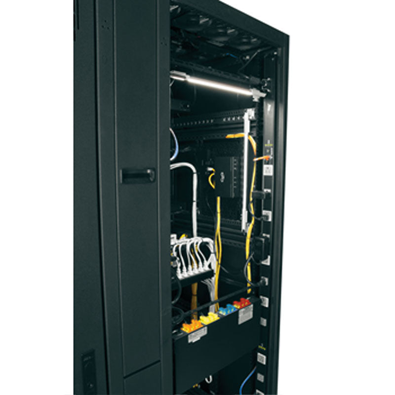 Middle Atlantic Vertical PDU with RackLink RLNK-1015V, network rack cabinet with power and data cables in a side view